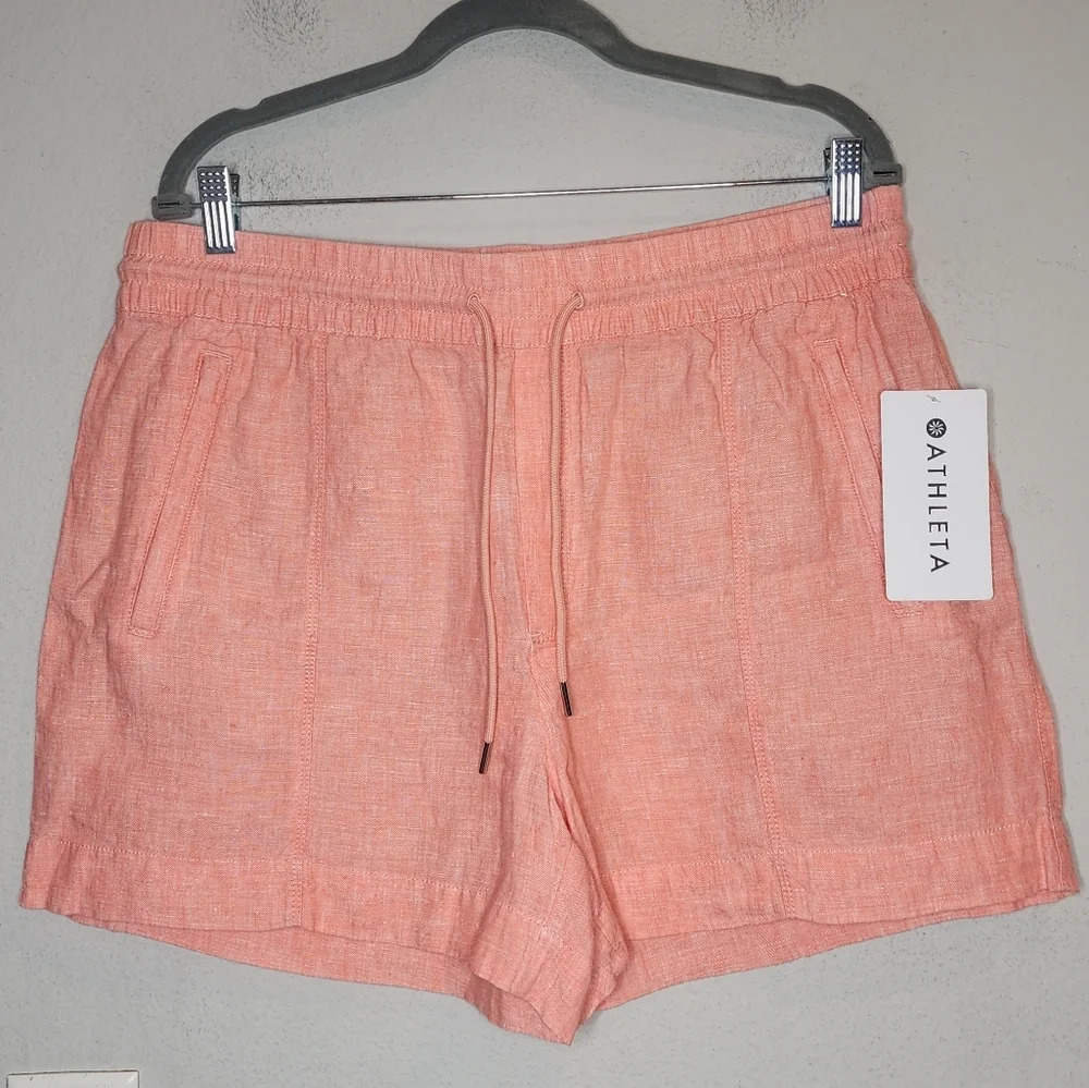 NWT Athleta Linen Retreat Drawstring Shorts Sunset Glow‎ Peachy Pink Size 14